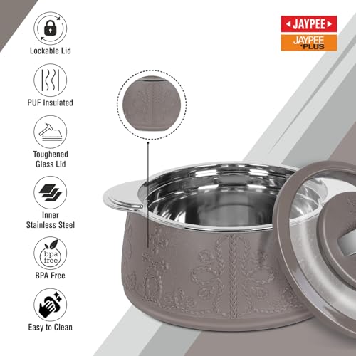 JAYPEE PLUS Jaypee Fabrene Serving Set Casserole Set of 3 PUF Insulated |Inner Stainless Steel |Anti Lock Lid Toughened Glass | Hot Box for Serve Chapatti, Dishes, 1000+1500+2000 ml, Beige - Image 2