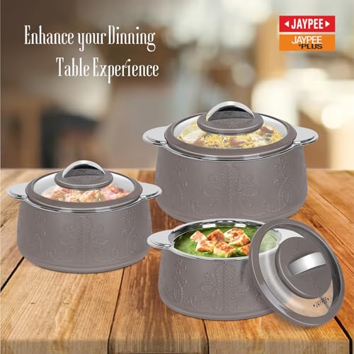 JAYPEE PLUS Jaypee Fabrene Serving Set Casserole Set of 3 PUF Insulated |Inner Stainless Steel |Anti Lock Lid Toughened Glass | Hot Box for Serve Chapatti, Dishes, 1000+1500+2000 ml, Beige - Image 3