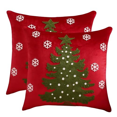 LUOYEHK Red Christmas Pillow Covers 18x18 Set of 2 Xmas Tree with Snowflakes Decorative Pillow Cases Winter Holiday Velvet Embroidered Cushion Covers for Couch Sofa Bed - Image 1