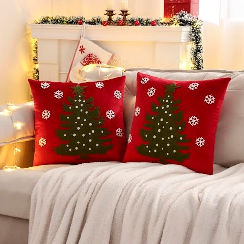 LUOYEHK Red Christmas Pillow Covers 18x18 Set of 2 Xmas Tree with Snowflakes Decorative Pillow Cases Winter Holiday Velvet Embroidered Cushion Covers for Couch Sofa Bed - Image 3