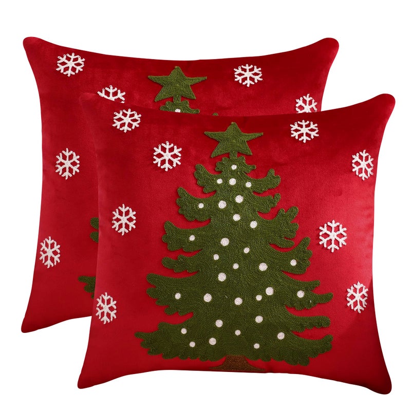 LUOYEHK Red Christmas Pillow Covers 18x18 Set of 2 Xmas Tree with Snowflakes Decorative Pillow Cases Winter Holiday Velvet Embroidered Cushion Covers for Couch Sofa Bed - Image 2