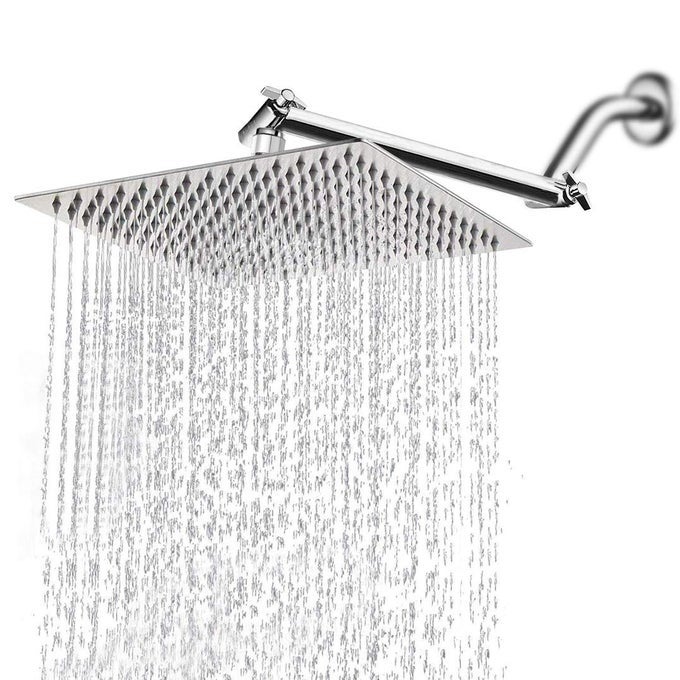HIGH PRESSURE LARGE STAINLESS STEEL SQUARE RAIN SHOWERHEAD WITH SHOWER ARM WATERFALL FULL BODY COVERAGE EASY TO CLEAN AND INSTALL 12 INCH WITH ARM CHROME FINISH