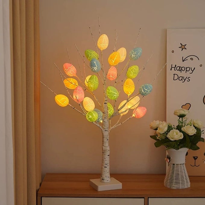 WHITE LIGHT UP ARTIFICIAL TREE FOR EASTER HOME DCOR AND MORE BATTERY POWERED INDOOR ORNAMENTLAMP FOR TABLES BIRCH WOODEN EFFECT WITH LED LIGHT UP PASTEL COLOURED EASTER EGGS