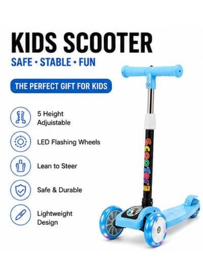 Kids 3 Wheel Scooter with LED Flashing Wheels | 5-Level Height Adjustable Kick Scooter | Lean to Steer | Anti-Slip Deck | Lightweight Outdoor Scooter for Boys & Girls | Blue - Image 1