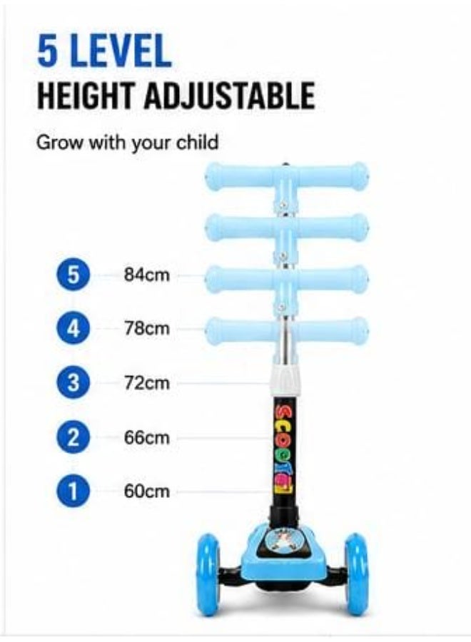 Kids 3 Wheel Scooter with LED Flashing Wheels | 5-Level Height Adjustable Kick Scooter | Lean to Steer | Anti-Slip Deck | Lightweight Outdoor Scooter for Boys & Girls | Blue - Image 2