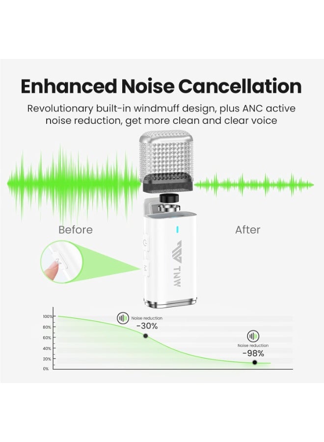 TNW Wireless Lavalier Microphone for iPhone & Android – Dual Lapel Mic with 70M Range, 45H Battery, Built-in Wind Filter, ANC Noise Cancellation, Ideal for Interviews, Vlogs, Live Streaming (White) - Image 5