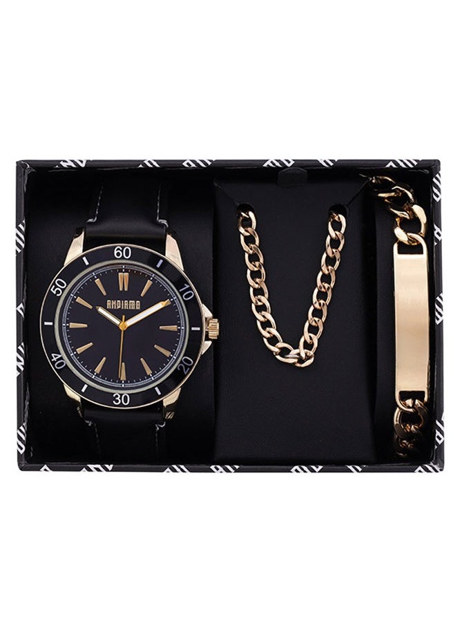 ANDIAMO Men's Analog Black Case Black Leather Strap Set Watch 