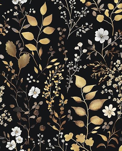Laatse Boho Wallpaper Peel and Stick Dark Floral Wallpaper 175in x118in Vintage Leaf Contact Paper Vinyl Waterproof Self Adhesive Golden Leaf Botanical Wall Paper for Cabinet Table Drawer Decor - Image 1