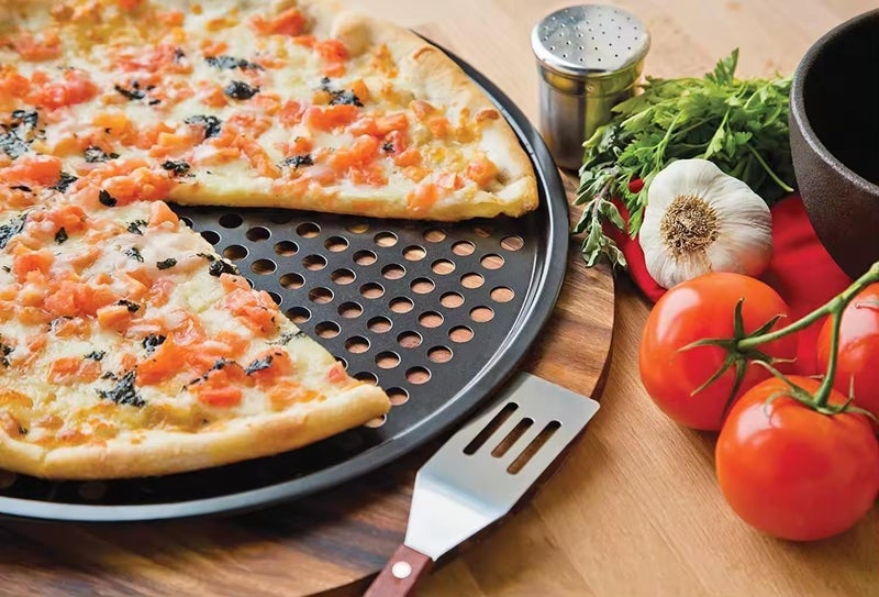 ZOEHROWS 13 Inch Pizza Pan for Oven, Round Pizza Pan with Holes - Non-Stick Carbon Steel Pizza Tray with Silicone Handles - for Cooking, Baking, and Grilling - Dishwasher Safe - Image 5