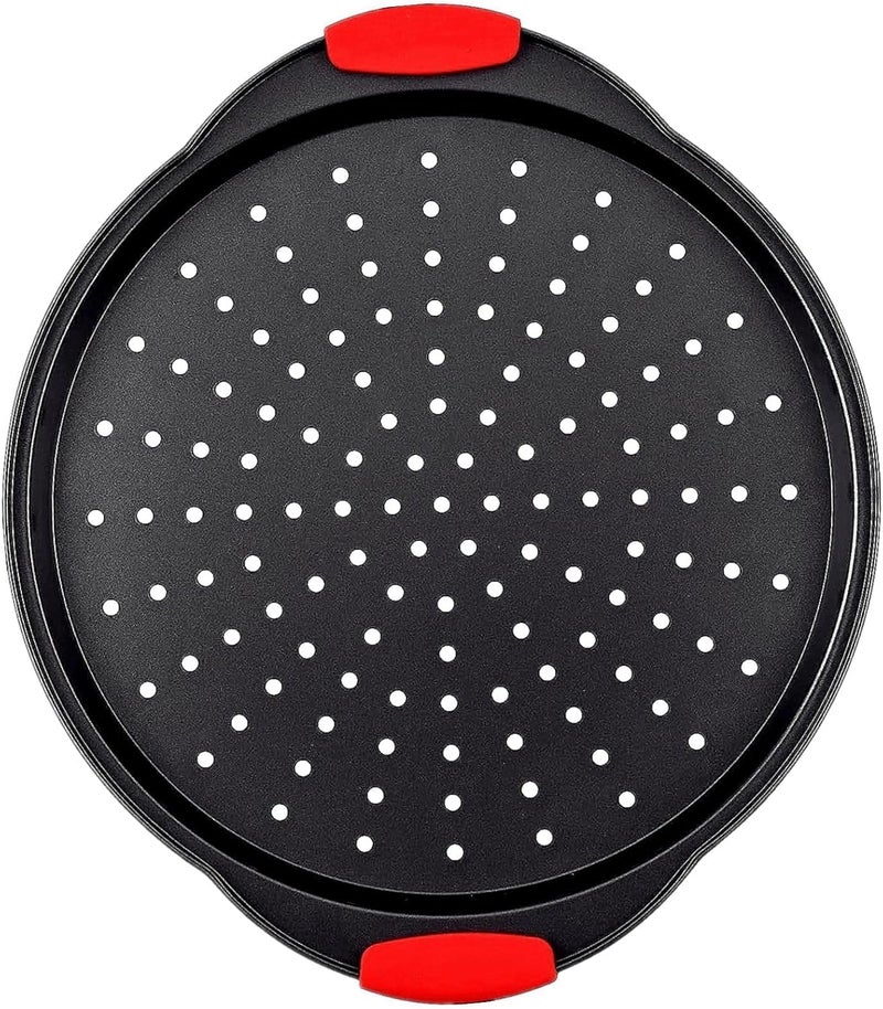ZOEHROWS 13 Inch Pizza Pan for Oven, Round Pizza Pan with Holes - Non-Stick Carbon Steel Pizza Tray with Silicone Handles - for Cooking, Baking, and Grilling - Dishwasher Safe - Image 1
