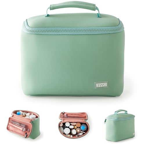 KUSSHI Neoprene Train Case Makeup Bag - Washable Makeup Travel Bag & Vanity Case for Stress Free Travel (Small, Sage/Coral Rose) - Image 1