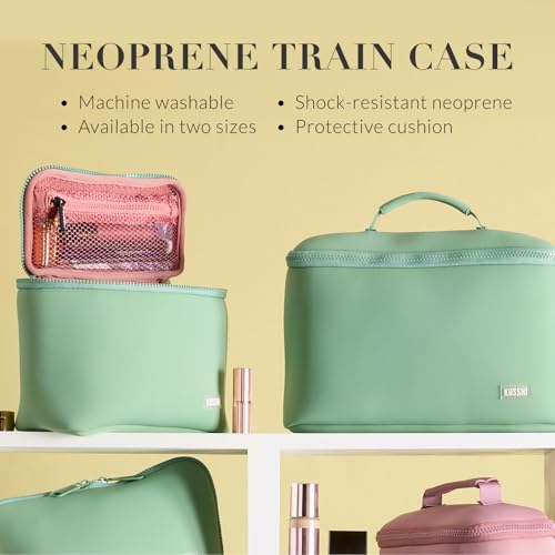 KUSSHI Neoprene Train Case Makeup Bag - Washable Makeup Travel Bag & Vanity Case for Stress Free Travel (Small, Sage/Coral Rose) - Image 2