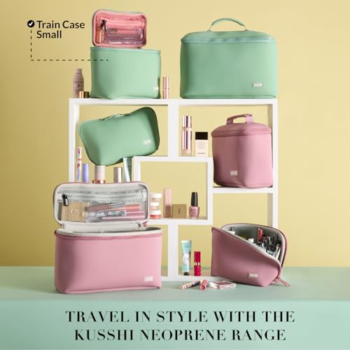 KUSSHI Neoprene Train Case Makeup Bag - Washable Makeup Travel Bag & Vanity Case for Stress Free Travel (Small, Sage/Coral Rose) - Image 4