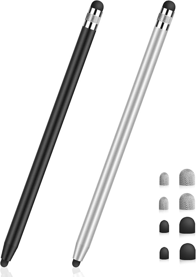MEKO Stylus Pens for Touch Screens, Universal Tablet Pen Capacitive 2 in 1 Stylus for iPhone/iPad/pro/Mini/Air/Samsung/Tablet with 6 Replace Tips Black+Silver - Image 1