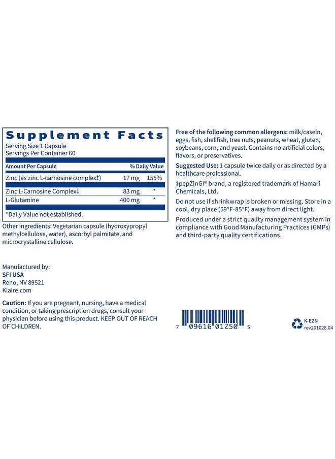 Klaire Labs - Endozin Zinc Carnosine Complex With L Glutamine To Support Intestinal Barrier Function Hypoallergenic & Non Gmo (60 Capsules) - Image 1