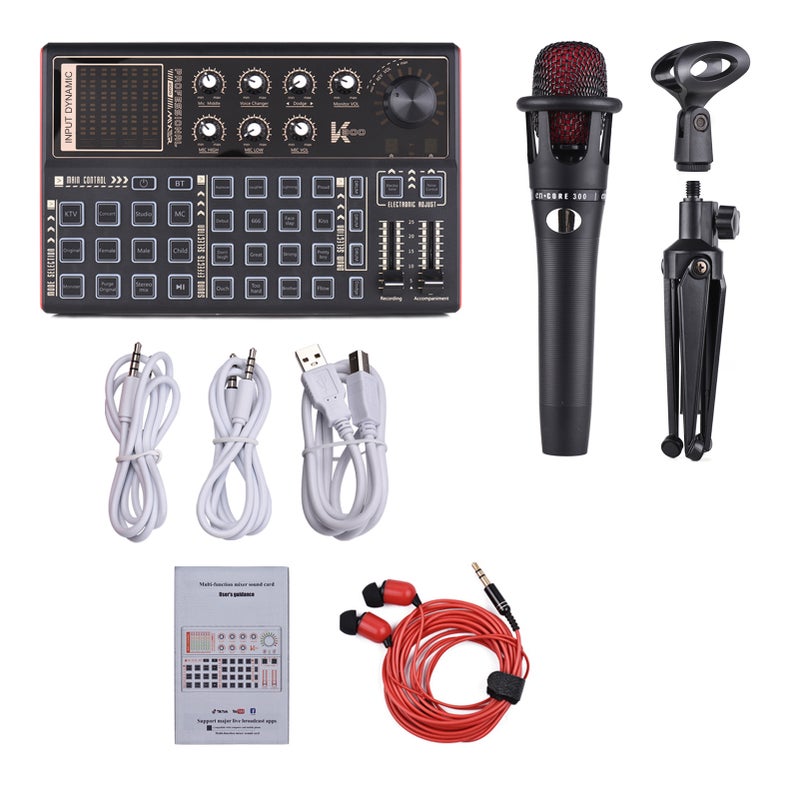 K300 Live Sound Card External Voice Changer Audio Mixer Kit Built-in Rechargeable Battery Multiple Sound Effects with Microphone Mic Stand Earphone for Live Streaming Music Recording Smartphone Computer Game Karaoke - Image 2