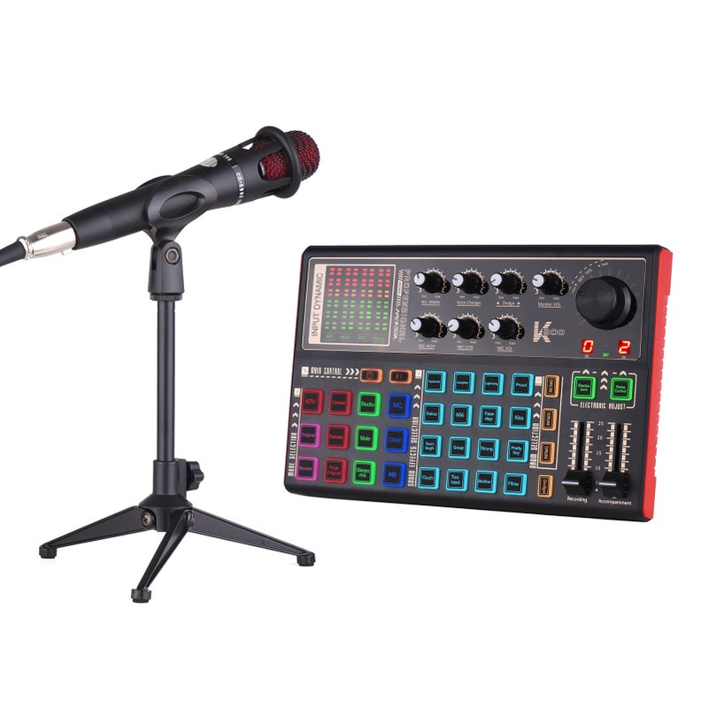 K300 Live Sound Card External Voice Changer Audio Mixer Kit Built-in Rechargeable Battery Multiple Sound Effects with Microphone Mic Stand Earphone for Live Streaming Music Recording Smartphone Computer Game Karaoke - Image 1