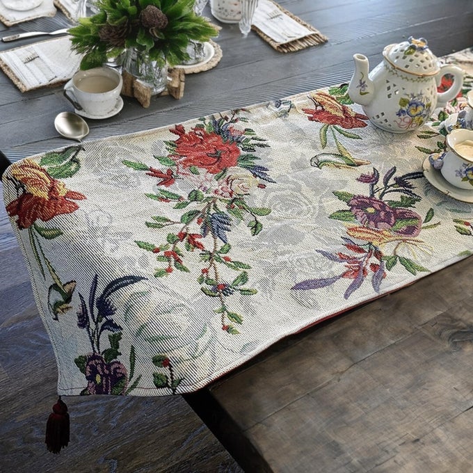 ELEGANT FLORAL BLUE ROSES TAPESTRY TABLE RUNNER TROPICAL PARADISE EXOTIC BOTANICAL FLOWERS BIRDS NATURE GARDEN BERRIES MULTICOLORFUL LINEN WOVEN KITCHEN DINING MATS 13 X 54