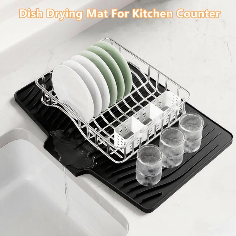 IYYI Dish Drying Mat, Silicone Dish Drying Mat for Kitchen Counter, Drainer Pad with Built-in Drain, Non-Slip, Heat Resistant Draining Pad (Black, 14.6" x 11.6") - Image 2