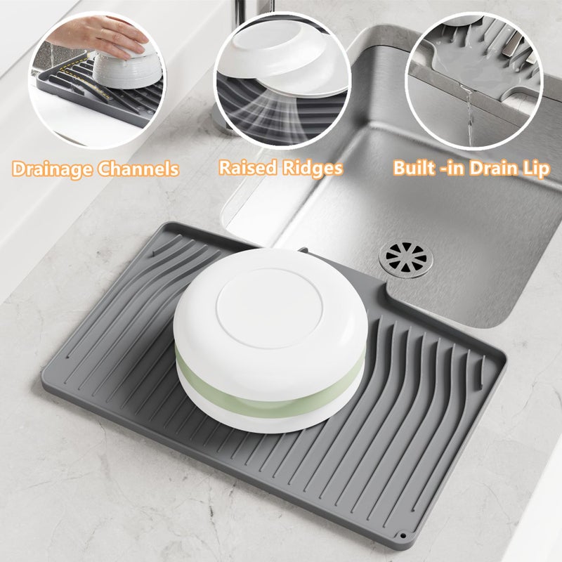IYYI Dish Drying Mat, Silicone Dish Drying Mat for Kitchen Counter, Drainer Pad with Built-in Drain, Non-Slip, Heat Resistant Draining Pad (Black, 14.6" x 11.6") - Image 3