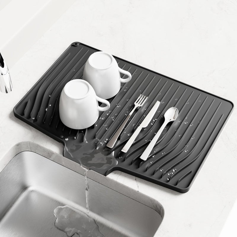 IYYI Dish Drying Mat, Silicone Dish Drying Mat for Kitchen Counter, Drainer Pad with Built-in Drain, Non-Slip, Heat Resistant Draining Pad (Black, 14.6" x 11.6") - Image 1