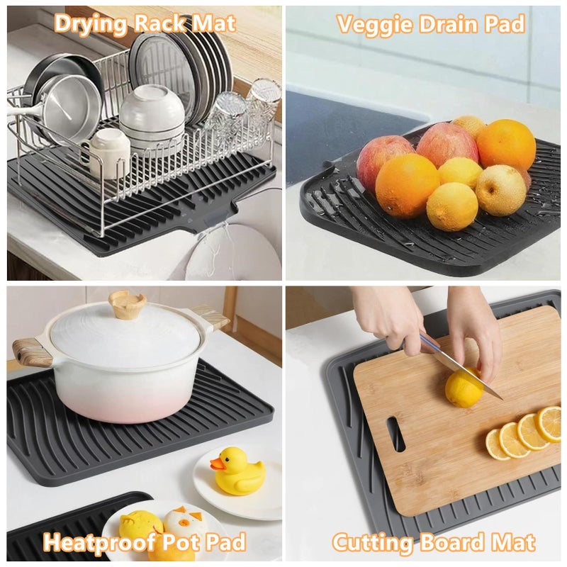 IYYI Dish Drying Mat, Silicone Dish Drying Mat for Kitchen Counter, Drainer Pad with Built-in Drain, Non-Slip, Heat Resistant Draining Pad (Black, 14.6" x 11.6") - Image 5