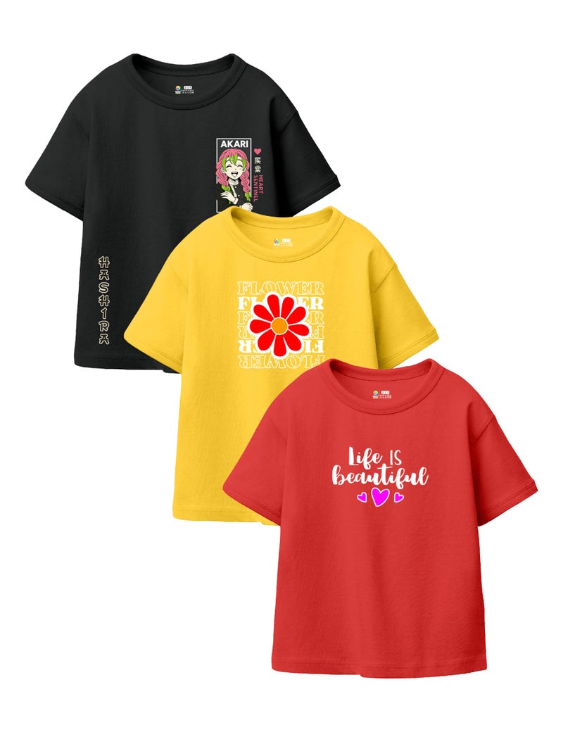 SHODOX® Girls Cotton Blend Printed Regular Fit Half Sleeve Multicolor T-Shirts (Pack of 3) - Image 1