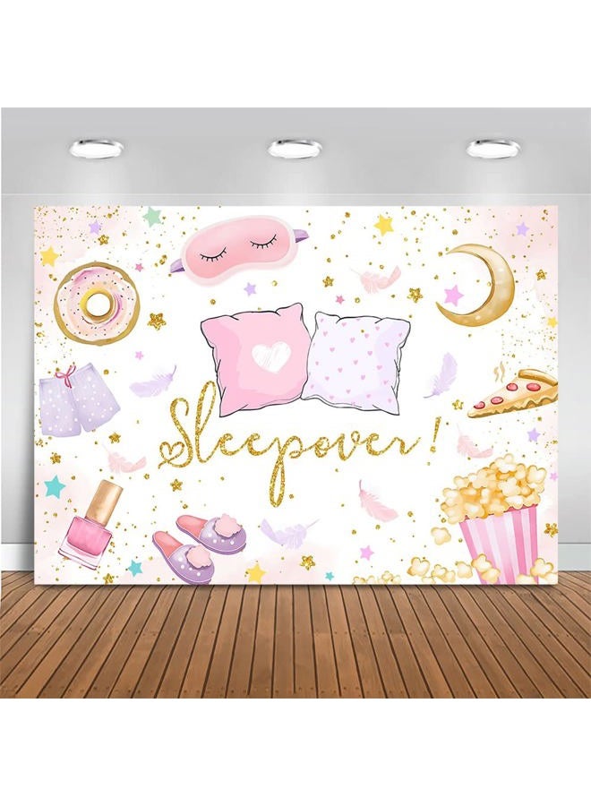 Mocsicka Slumber Party Backdrop for Girls Sleepover Party Decoration Pajama Pillow Fight Photography Background Spa Makeup Birthday Banner Supplies (White, 7x5ft(82x60 inch)) - Image 1