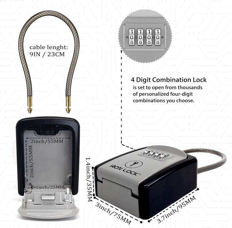 Iron Lock صندوق قفل مفاتيح محمول مع كابل قفل - آمن معدني صغير مقاوم للماء مع تركيبة مكونة من 4 أرقام للمفاتيح الاحتياطية خارجًا على مقبض الباب أو السياج أو الأنبوب أو البوابة (رمادي، صغير) - Image 3