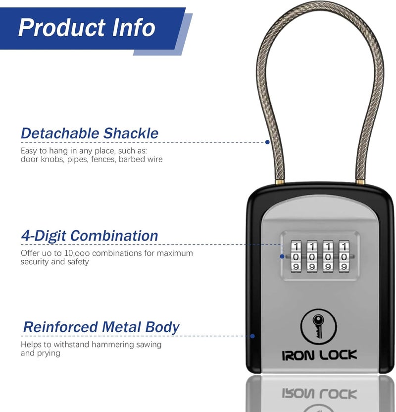 Iron Lock صندوق قفل مفاتيح محمول مع كابل قفل - آمن معدني صغير مقاوم للماء مع تركيبة مكونة من 4 أرقام للمفاتيح الاحتياطية خارجًا على مقبض الباب أو السياج أو الأنبوب أو البوابة (رمادي، صغير) - Image 5