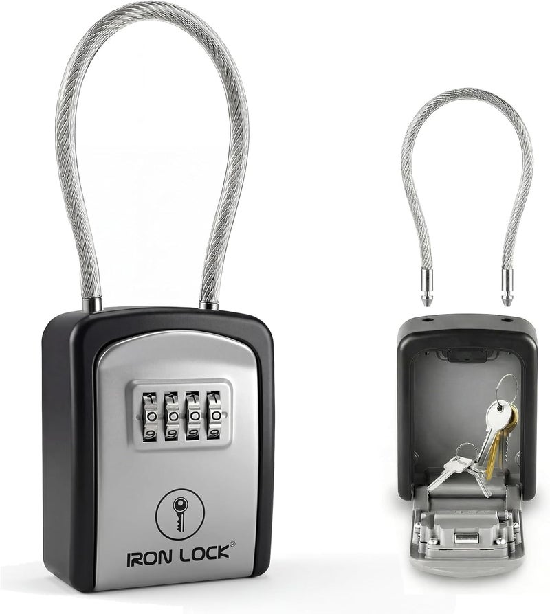 Iron Lock صندوق قفل مفاتيح محمول مع كابل قفل - آمن معدني صغير مقاوم للماء مع تركيبة مكونة من 4 أرقام للمفاتيح الاحتياطية خارجًا على مقبض الباب أو السياج أو الأنبوب أو البوابة (رمادي، صغير) - Image 1