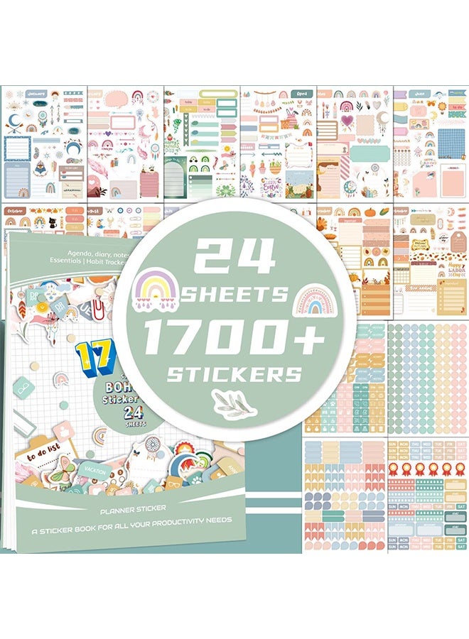 Lemon 1700+ Planner Stickers Book, 24 Sheets Waterproof Repositionable Stickers for Journal, Bullet Planner, Scrapbook & Calendar, Functional Decorative Sticker Set & Gift (Boho Style) - Image 1