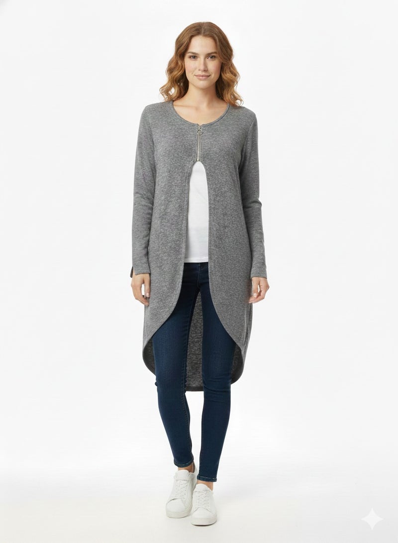 Women low high zipped wool knit grey cardigan - Image 1