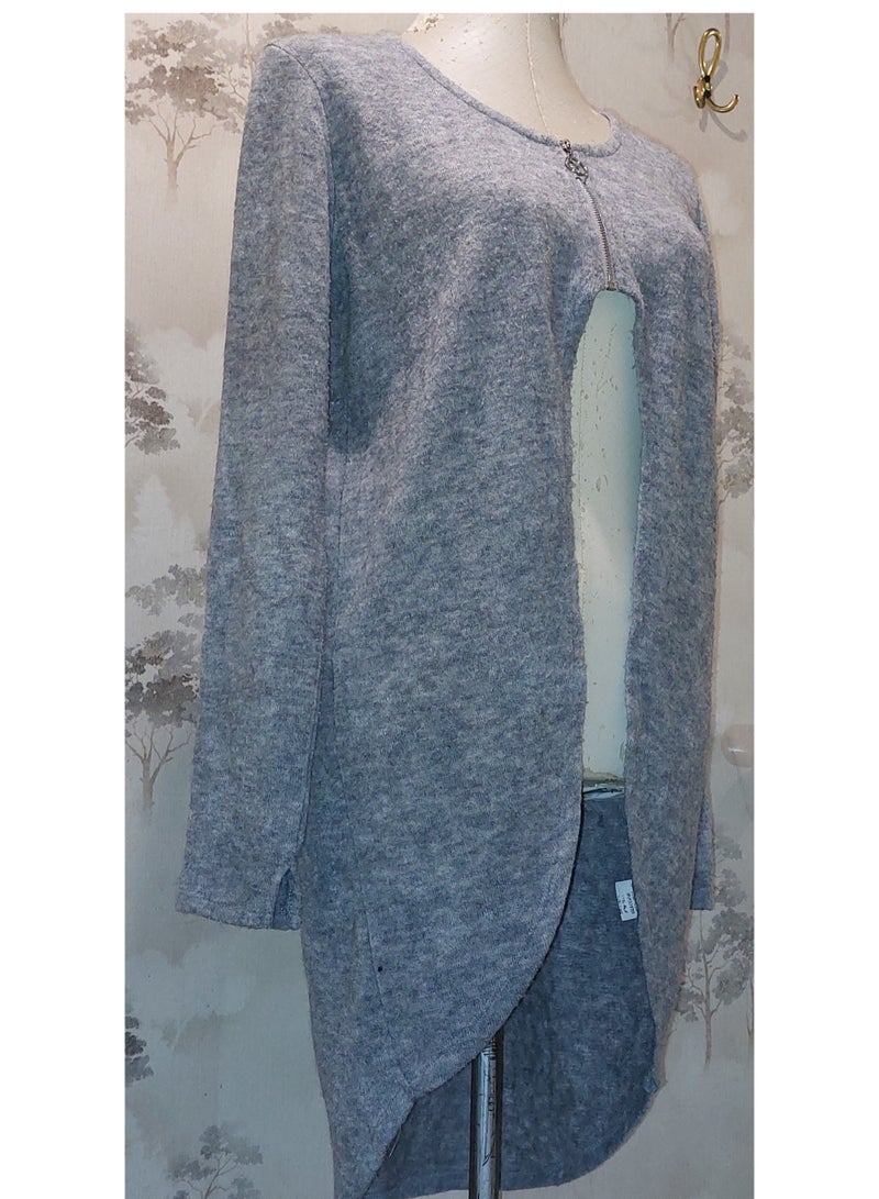 Women low high zipped wool knit grey cardigan - Image 2