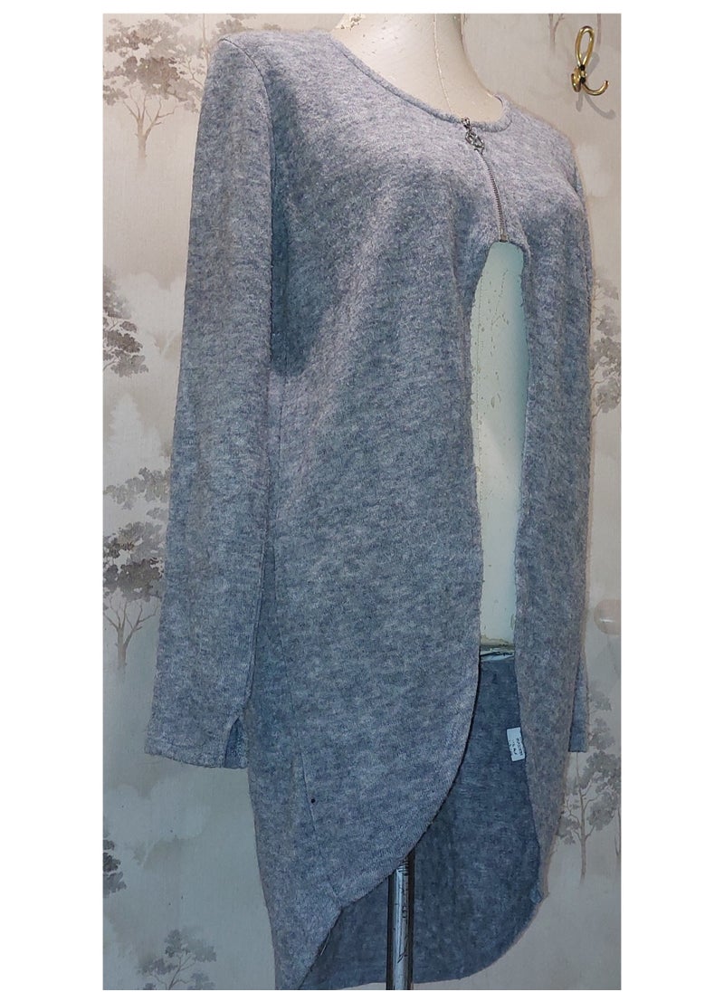Generic - Women low high zipped wool knit grey cardigan - Image 1