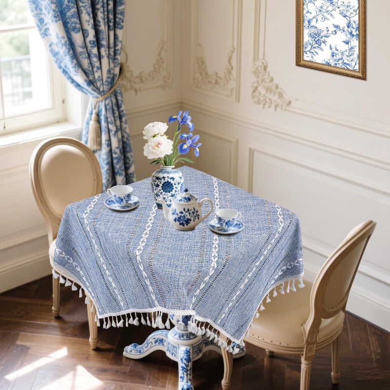 tiosggd Small Blue Square Tablecloth 36''x36'', Spring Dusty Blue and White Linen Coffee Table Cover, Boho Nightstand Cover Top for Bedroom,End Table Cloth Runner,Coastal Rustic Farmhouse Christmas Home Decor - Image 5