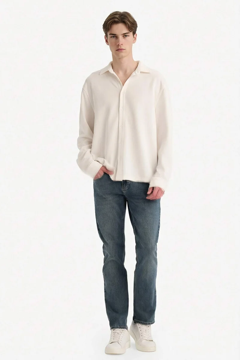 DeFacto Boxy Fit Polo Collar Cotton Long Sleeve Shirt