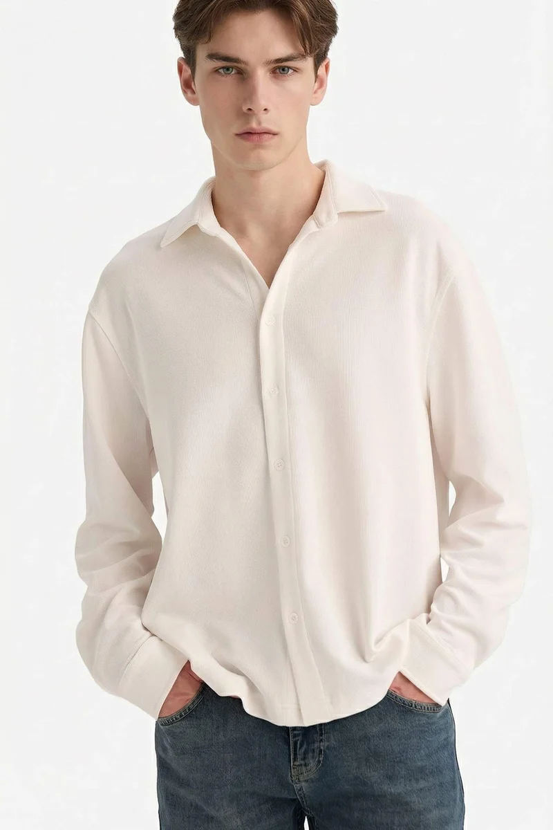DeFacto Boxy Fit Polo Collar Cotton Long Sleeve Shirt