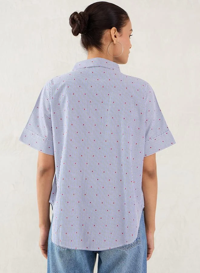 فيميلا قميص فيميلا قصير الأكمام بأزرار مخطط كحلي