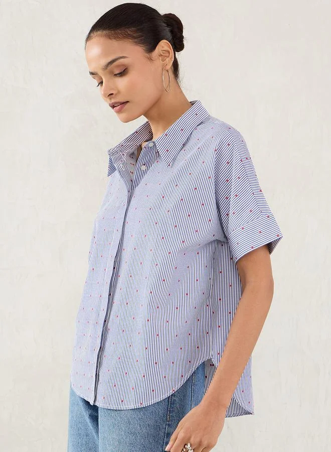 Femmella  Navy Striped Short Sleeve Button Down Shirt for Women | Best Price UAE