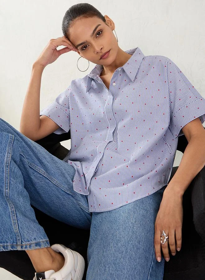 Femmella  Navy Striped Short Sleeve Button Down Shirt for Women | Best Price UAE