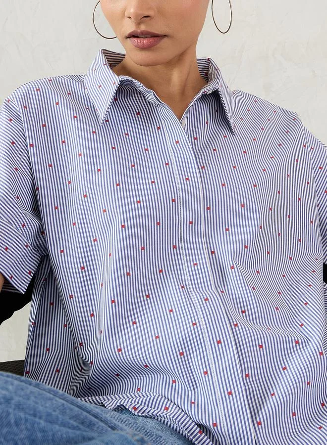 Femmella  Navy Striped Short Sleeve Button Down Shirt for Women | Best Price UAE