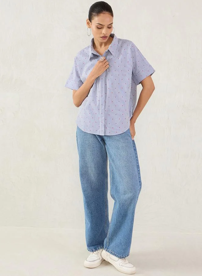 فيميلا قميص فيميلا قصير الأكمام بأزرار مخطط كحلي