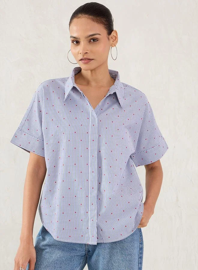 Femmella  Navy Striped Short Sleeve Button Down Shirt for Women | Best Price UAE