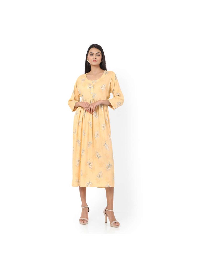 HANA & SARA SHORT YELLOW COLOUR STYLISH HIGH QUALITY PRINTED WITH FRONT BUTTONED STYLED ARABIC KAFTAN JALABIYA DRESS  - Image 1