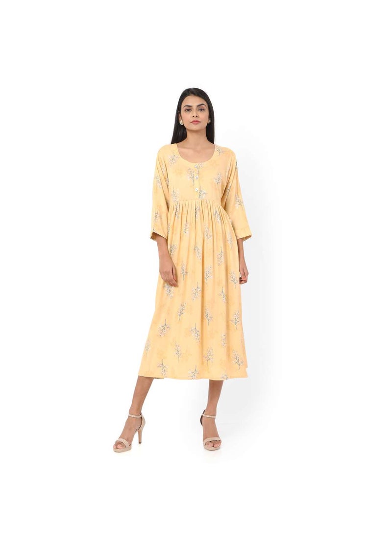 HANA & SARA SHORT YELLOW COLOUR STYLISH HIGH QUALITY PRINTED WITH FRONT BUTTONED STYLED ARABIC KAFTAN JALABIYA DRESS  - Image 4