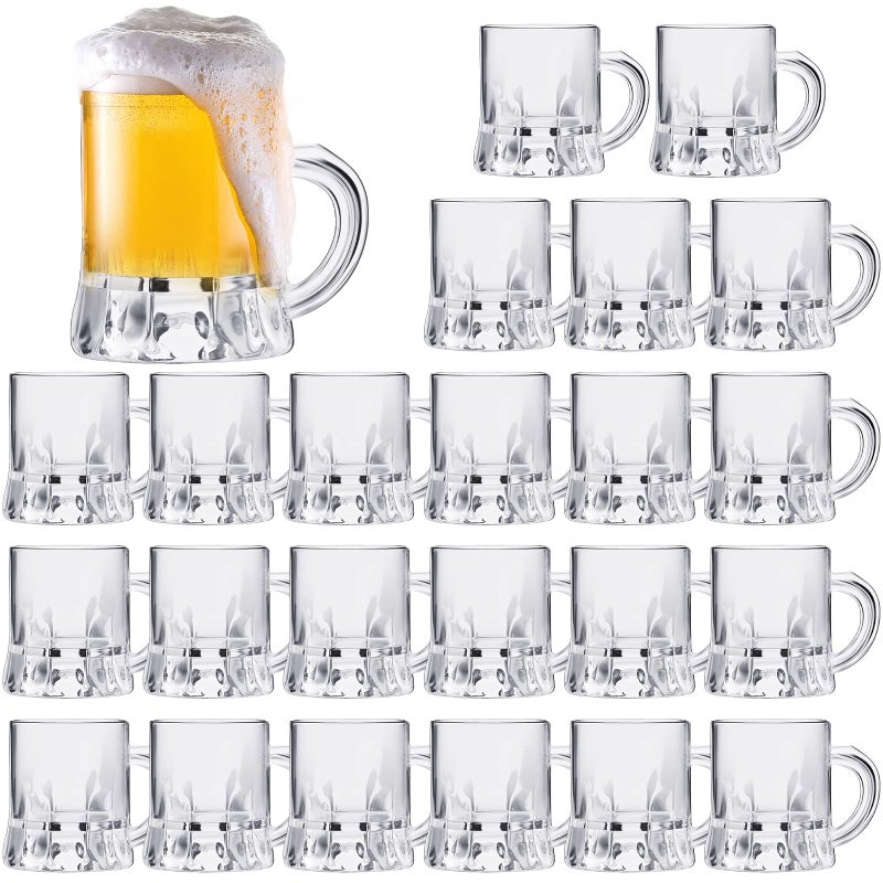 Meanplan 24 Pieces Mini Beer Mugs Bulk Shot Glasses Set 1oz Small Clear Stein with Handles Mini Tasting Whiskey Cups for Drinking Beer Festival Birthday BBQ Bar Party Plastic