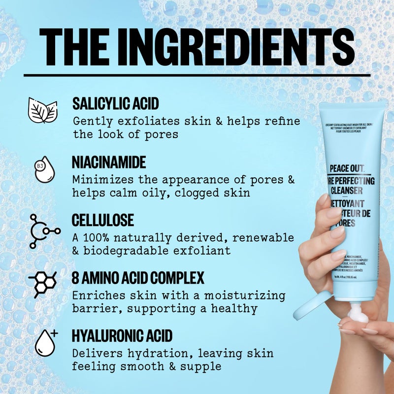 PEACE OUT Skincare Pore Perfecting Cleanser, Daily Exfoliating Face Cleanser with Salicylic Acid & Niacinamide (4 fl oz) - Image 3