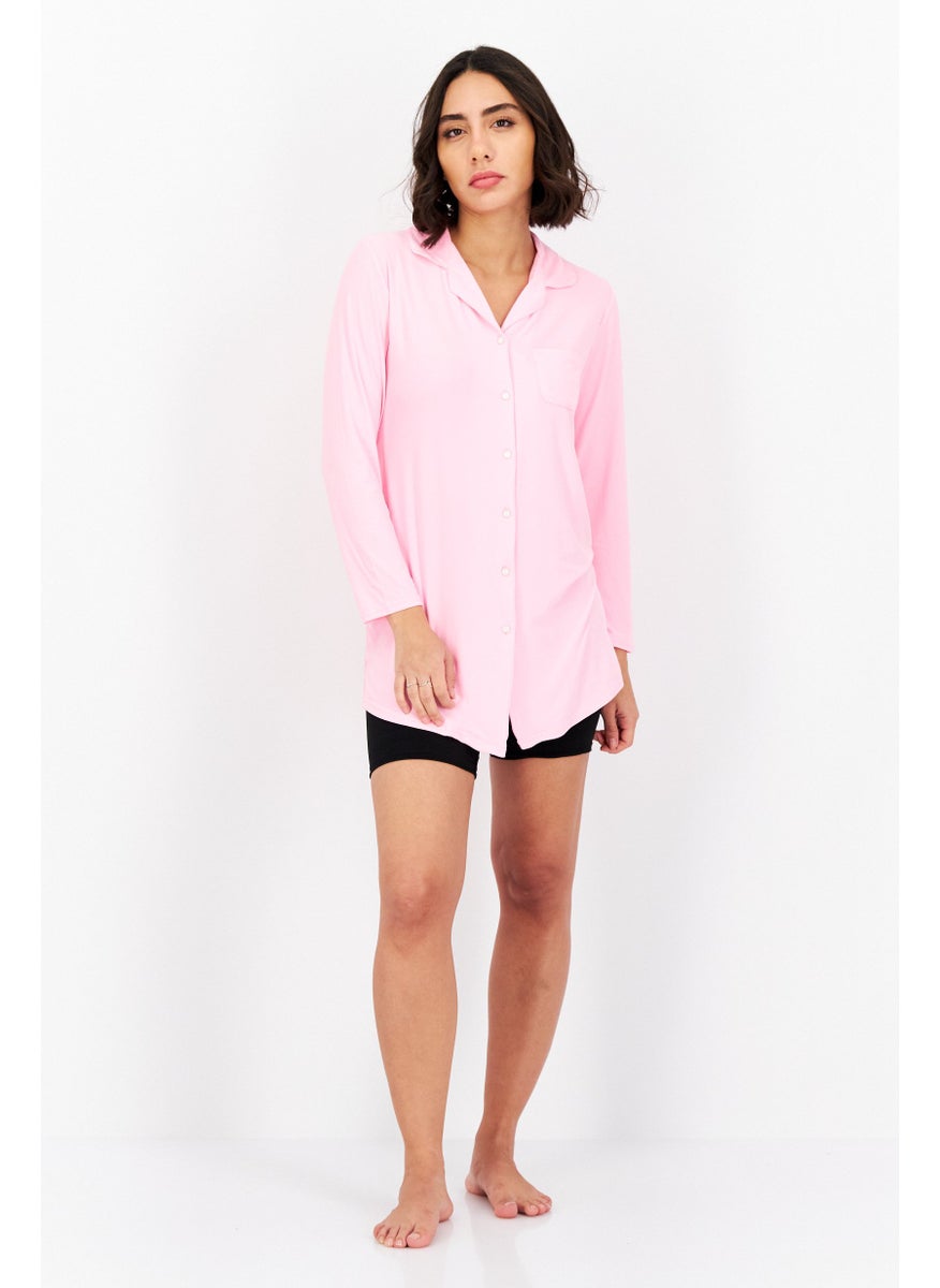 Not A Morning Person - Women Long Sleeve Button Front Night Shirt, Pink - Image 1