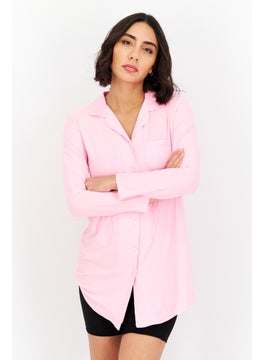 Women Long Sleeve Button Front Night Shirt, Pink